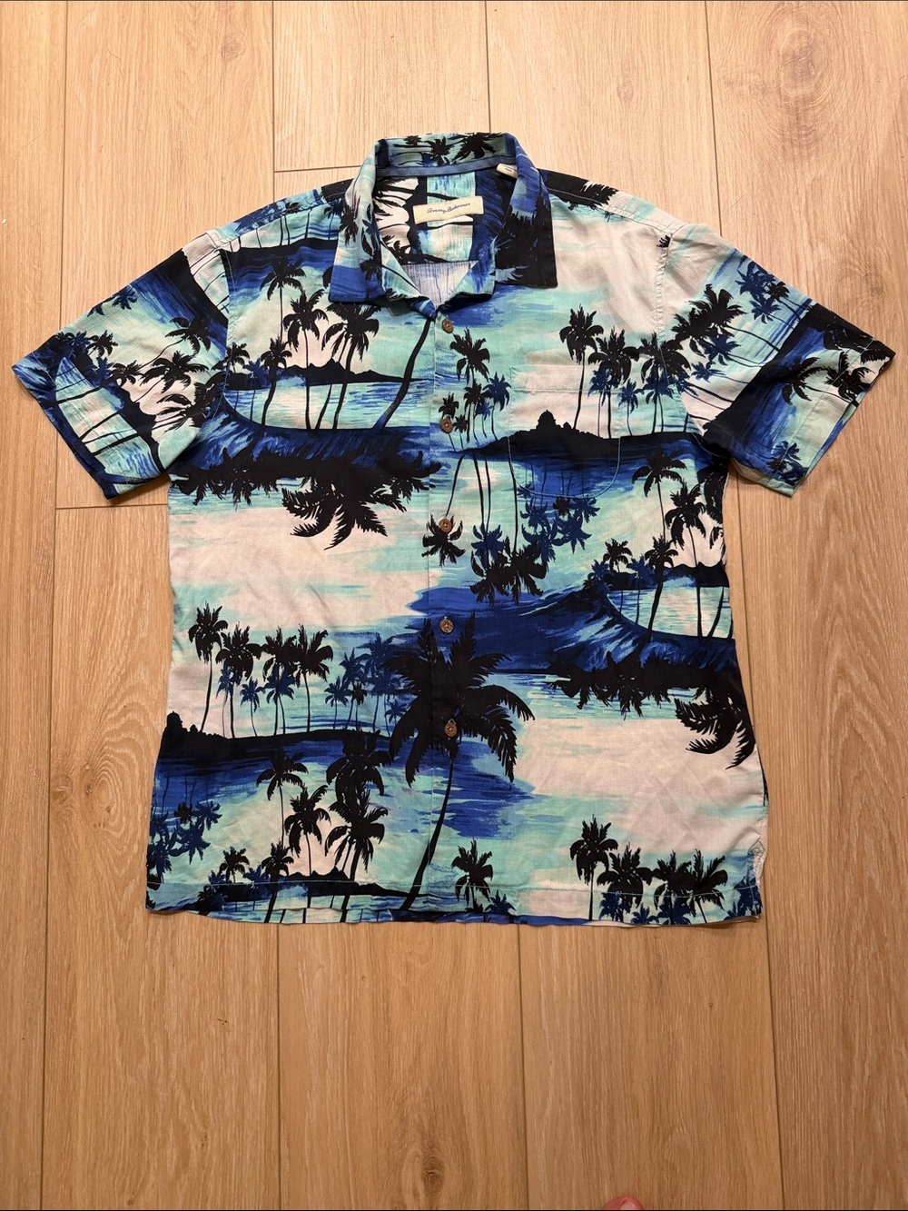 Tommy Bahama Blue and Aqua Palm Print Button-Down Shirt
